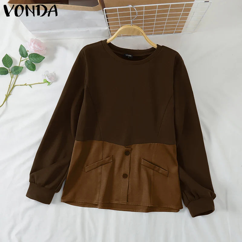 VONDA Casual Pullovers Round Neck Hoodies Spring Patchwork Contrasting Button Long Sleeved Sweatshirts 2025 Oversized Blouses