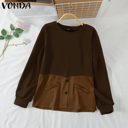 VONDA Casual Pullovers Round Neck Hoodies Spring Patchwork Contrasting Button Long Sleeved Sweatshirts 2025 Oversized Blouses