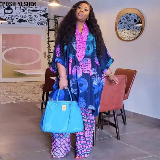 Plus Size African Clothes for Women Ankara Dashiki 2 Pieces Set Print Outfits 2025 New Muslim Fashion Tops Pants Trousers Suits