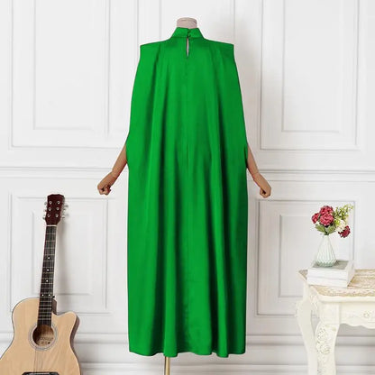 Women Evening Maxi Dress VONDA 2023 Summer Stand Collar Elegant Satin Long Bat Sleeve Pleated Sundress Casual Solid Robe Femme