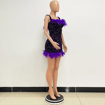 Spring And Summer Women's Clothing MINI Short Solid Color New Wind Sequins Halter Beach Dress One-word Shoulder Feathers Spice G