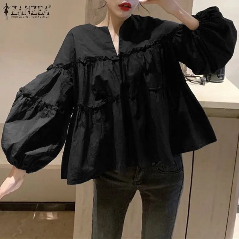 ZANZEA Fashion Women Long Puff Sleeve Blouse Autumn Spring Eelgant Shirt Ruffles Blusas Femininas Mujer Party Work Tops Tunic
