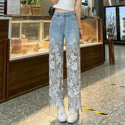 Pants for Woman and Capris Straight Leg with Rhinestones Transparent Women's Jeans Lace Grunge Spring Pant Vintage Trousers