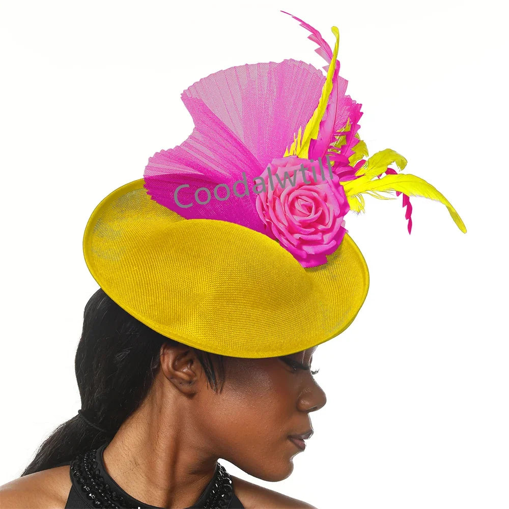 New Fashion Flower Fascinator Wedding Headpiece Women Party Dinner Pillbox Cap With Flower Hair Accessories Ladies Feather Cap
