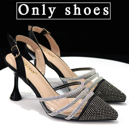 Venus Chan Shoes for Women 2023 Pointed Toe Black Heels Rhinestone Chain Party Sandals Italian Shoes and Bags Matching Set 2023