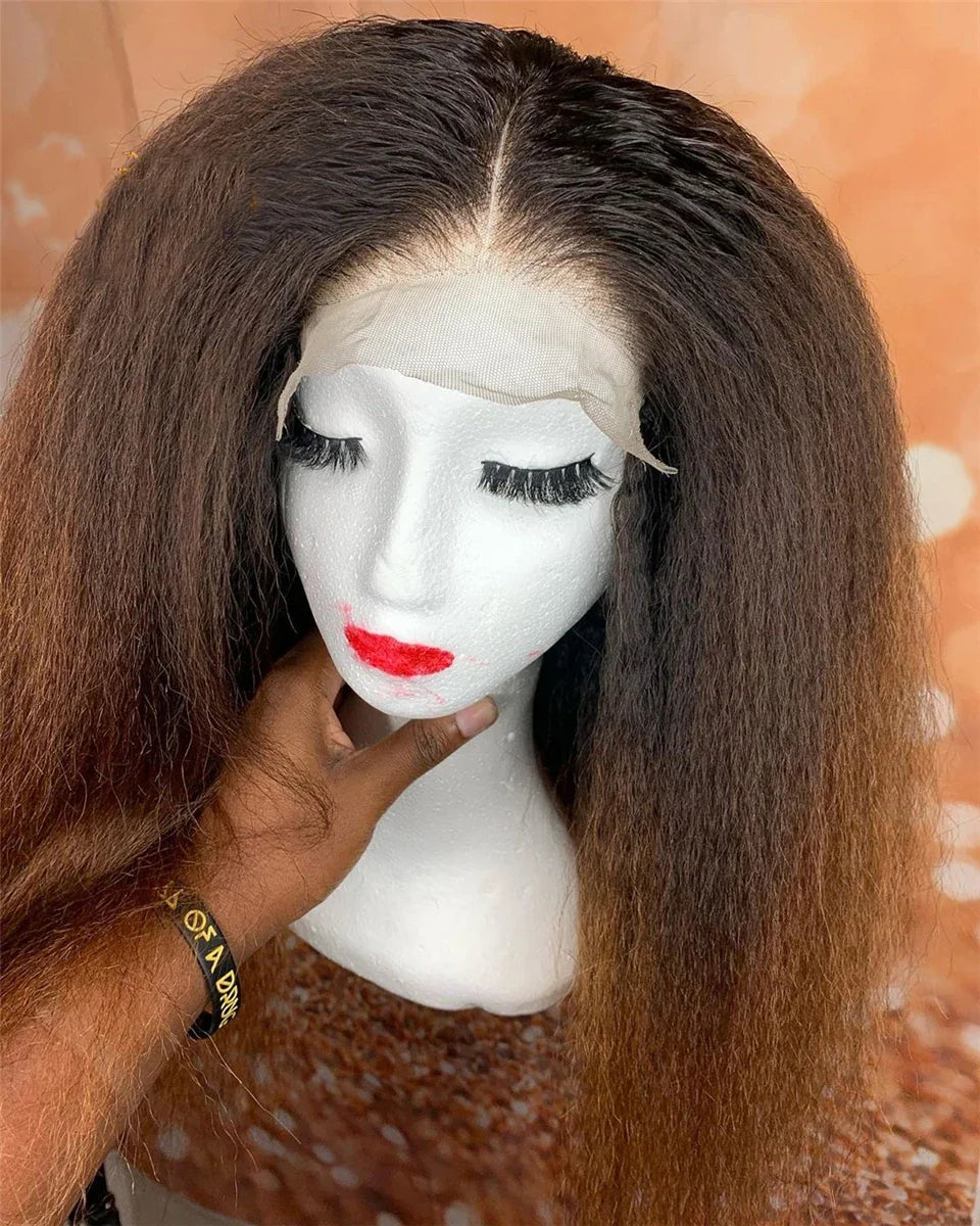 Soft Yaki 26”Long Ombre Brown Blonde Kinky Straight 180Density Deep Lace Front Wig For Black Women Synthetic Babyhair Preplucked