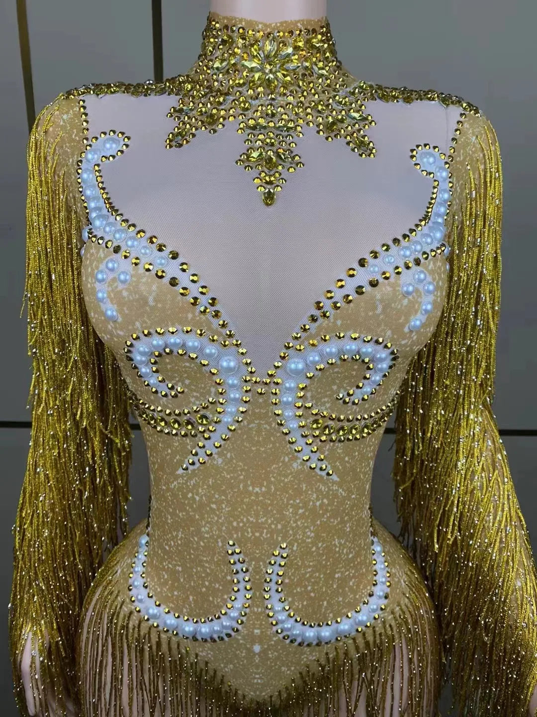 Stage Latin dance cha-cha dance practice suit stretch slim skirt fringe flash small diamond pearl design suit