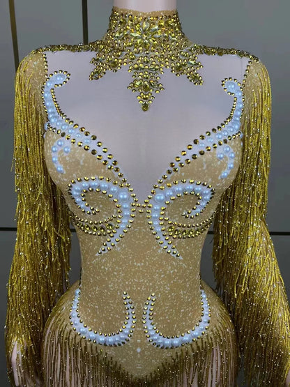 Stage Latin dance cha-cha dance practice suit stretch slim skirt fringe flash small diamond pearl design suit