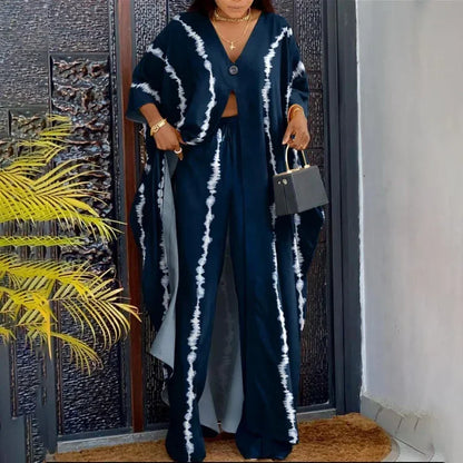 Shirt Drawstring Trousers Women Casual Long Printed Dress Suit Fashion V-neck Loose 3/4 Sleeve Long Shirt Top Pants Sets