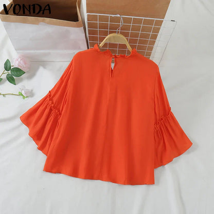 VONDA Women Ruffled Shirts 2025 Casual Flare Sleeve Tops Bohemian Blusas Solid Color Elegent Blouse Female Summer Tunic Oversize
