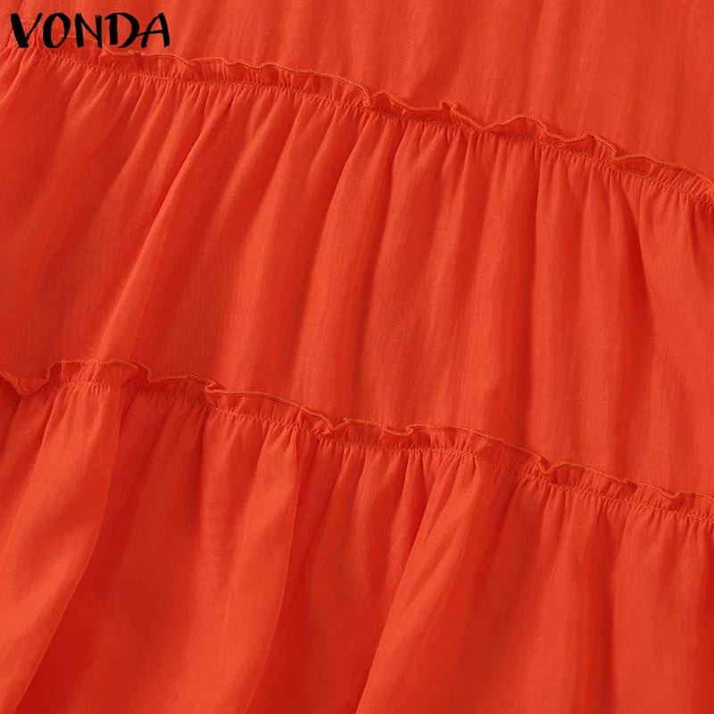 VONDA Women Ruffled Shirts 2025 Casual Flare Sleeve Tops Bohemian Blusas Solid Color Elegent Blouse Female Summer Tunic Oversize