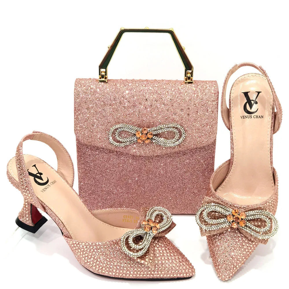 The Latest Style Rhinestone Bow Side Empty Party High Heels Pointed Toe Stiletto Heels Silver Women's Shoes And Bags