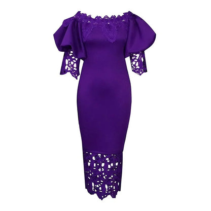 Trend Fashion Lace Midi Dress Women Slash Collar Short Sleeve Stitching Off-Neck Dress High Waist Solid Color Bodycon Sexy Dress