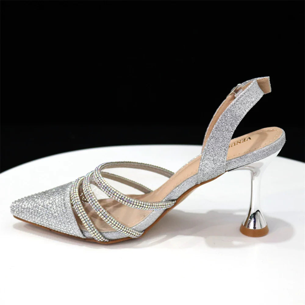 Venus Chan Shoes for Women 2023 Pointed Toe Black Heels Rhinestone Chain Party Sandals Italian Shoes and Bags Matching Set 2023