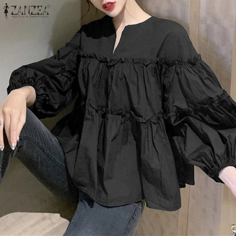 ZANZEA Fashion Women Long Puff Sleeve Blouse Autumn Spring Eelgant Shirt Ruffles Blusas Femininas Mujer Party Work Tops Tunic
