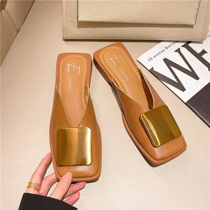 Women's Slippers Fashion Metal Buckle Mules for women Flat Heels Square Toe Shallow Shoes Outdoor Slides Female Casual Sandals