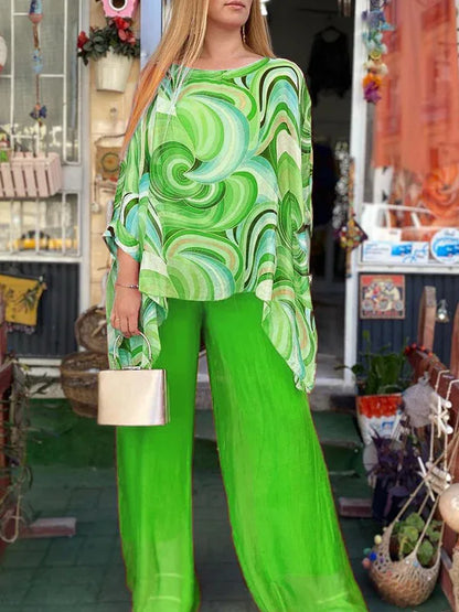 Women's Summer New Fashion Colorful Chiffon 3/4 Sleeve Long Pants Set Casual Round Neck Printed Two Piece Set For Women
