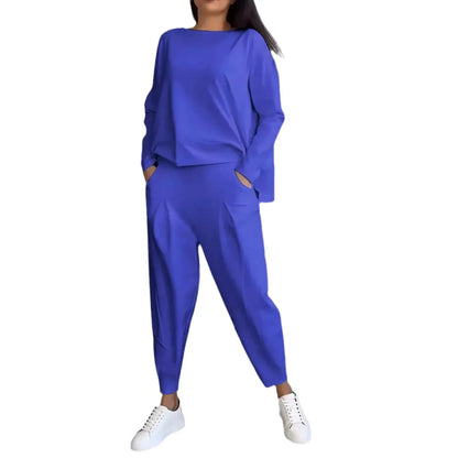 Women Two Piece Pant Sets Solid Full Sleeved Tops Round Neck Casual Midi Waist Long Pants Pockets Regular Elegant Lady