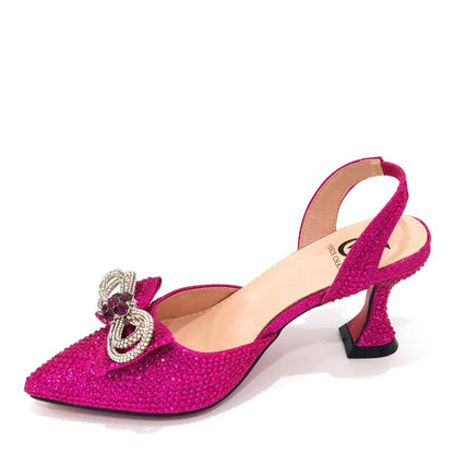 Women's Hot Pink Rhinestone Heels & Matching Handbag Set – Sparkly Bow Design by Venus Chan