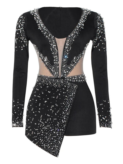 Women Sexy Rompers V-Neck Mesh Rhinestone Skinny Long Sleeve Playsuits