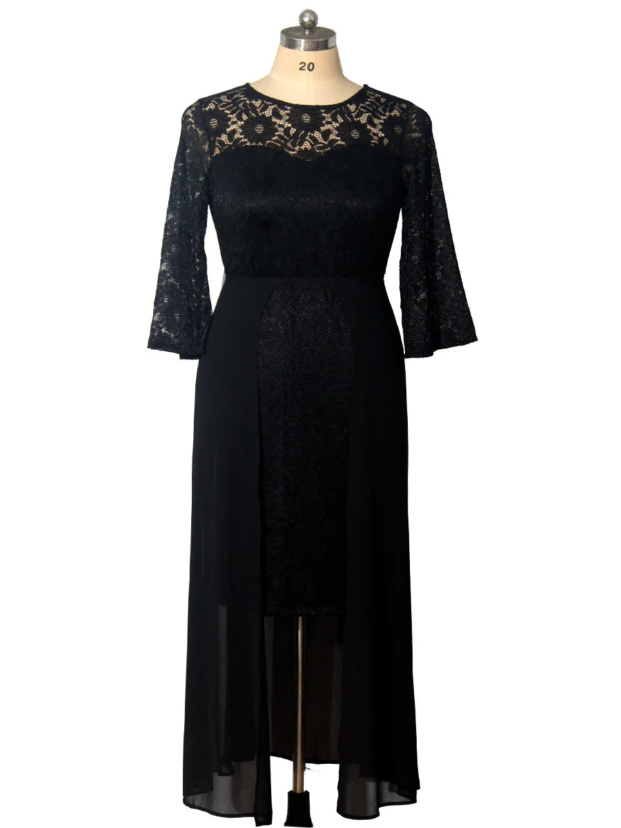 Plus Size Party Dresses for Wedding Guest Women's 2024 Spring Summer Long Sleeve Lace Floral See Through Elegant Bodycon Dress