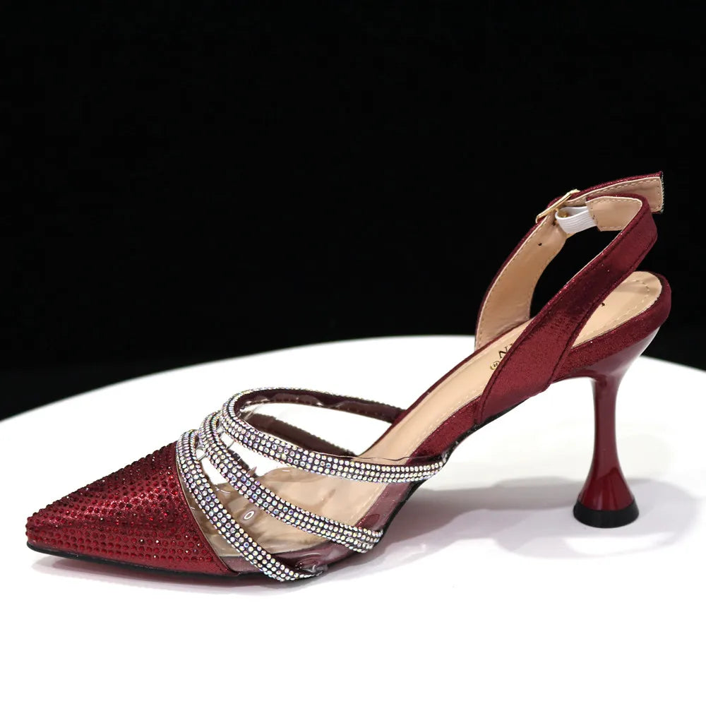 Venus Chan Shoes for Women 2023 Pointed Toe Black Heels Rhinestone Chain Party Sandals Italian Shoes and Bags Matching Set 2023