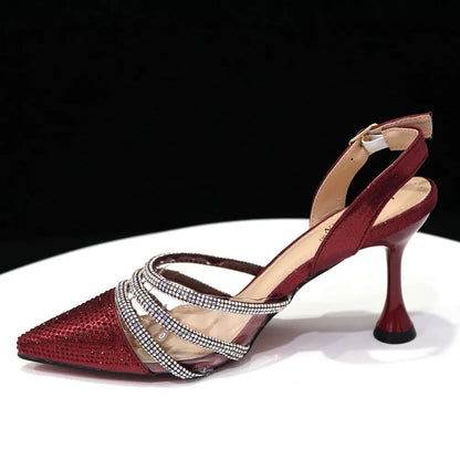 Venus Chan Shoes for Women 2023 Pointed Toe Black Heels Rhinestone Chain Party Sandals Italian Shoes and Bags Matching Set 2023