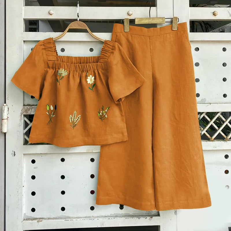 ZANZEA Women Short Sleeve Square Collar Tops Elastic Waist Pant Sets Summer Outfits Elegant Floral Embroidery Two Piece Suts