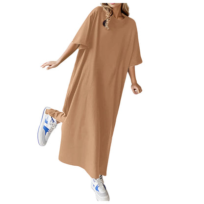 Summer Solid Color T Shirt Dress Casual Short Sleeved Loose Dresses Round Neck Slit Maxi Dress For Women Elegant Vestidos 2024