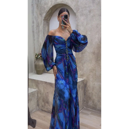 Women Floral Lantern Long Sleeve Dress Elegant Rhinestone Off Shoulder Maxi Dresses Sexy Deep V-neck  Waist Split Parties Dress