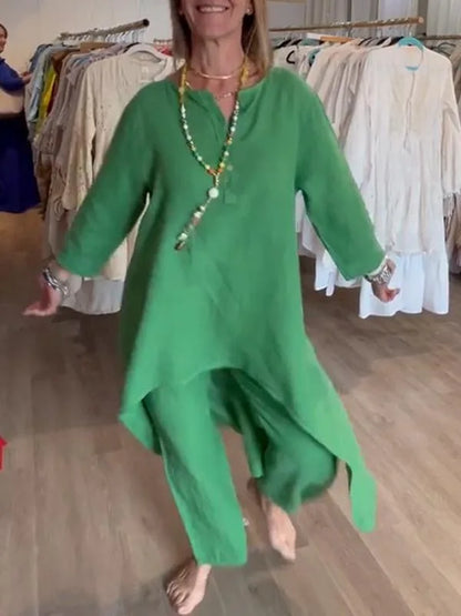 Plus Size Women Casual Linen Two Piece Sets 2024 New Summer Vintage Long Blouse and Wide Leg Pants Suits Female Tracksuits Set