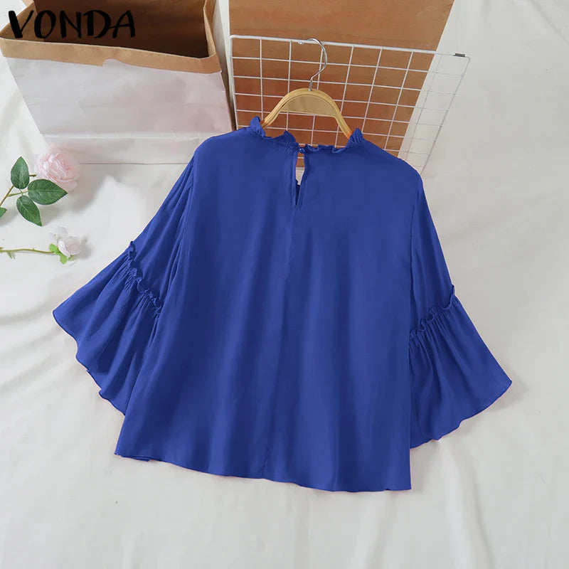VONDA Women Ruffled Shirts 2025 Casual Flare Sleeve Tops Bohemian Blusas Solid Color Elegent Blouse Female Summer Tunic Oversize