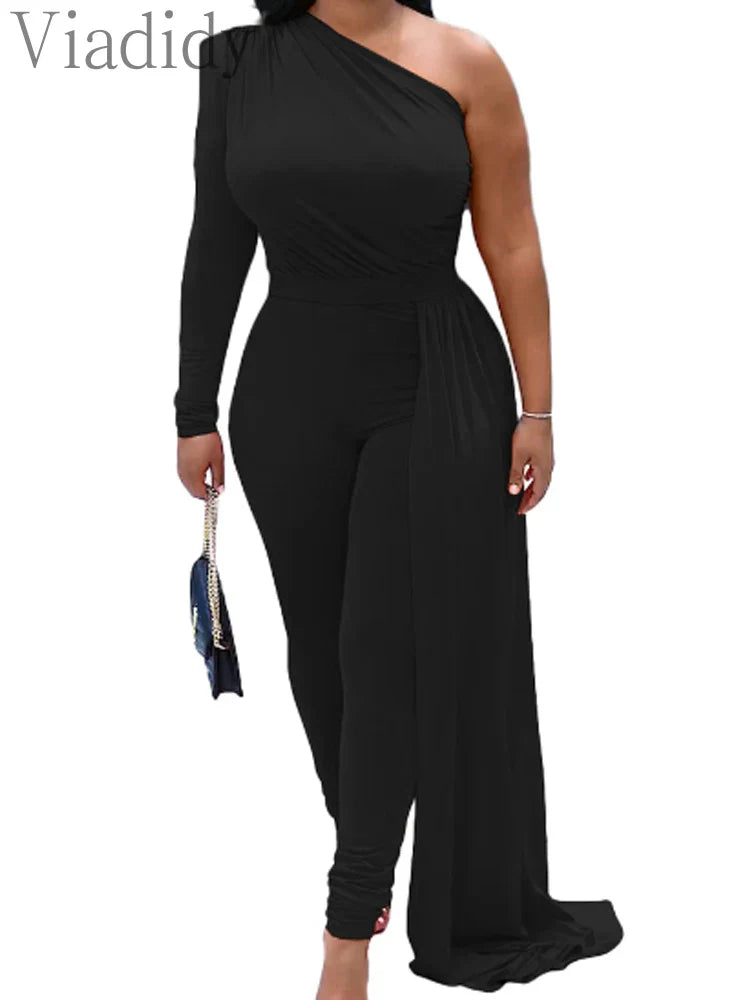 Red Puff Sleeve One Shoulder Long Sleeve Jumpsuits