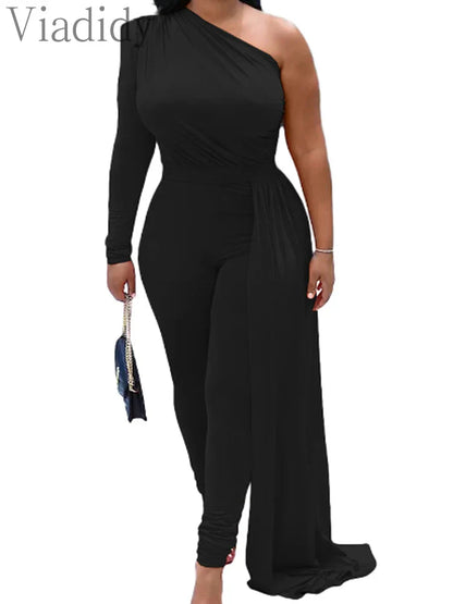 Red Puff Sleeve One Shoulder Long Sleeve Jumpsuits