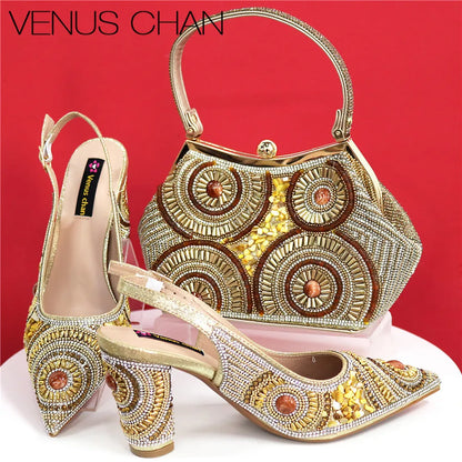 Spot Goods Elegant Streamlined Pointed Toe Women's Shoes Matching Flower Basket Handbag Party Women's Shoes And Bag Set