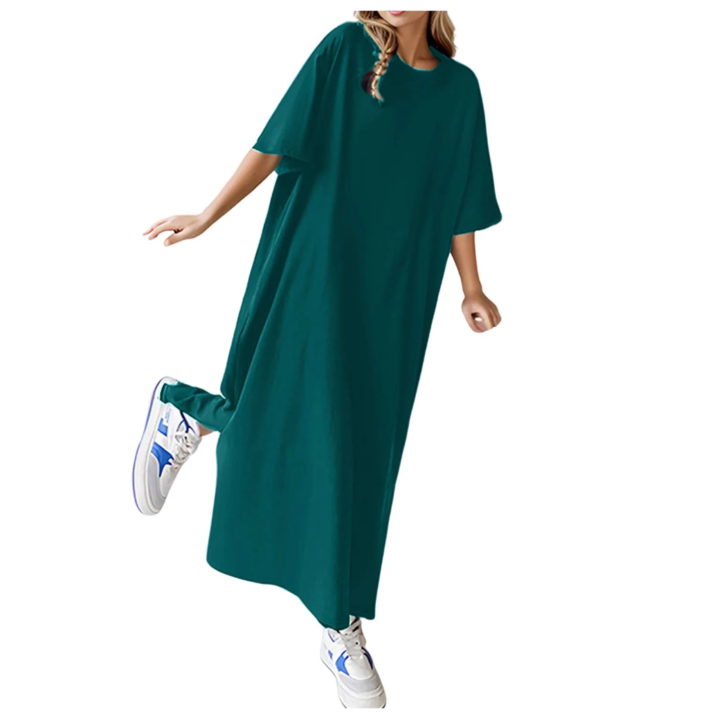 Summer Solid Color T Shirt Dress Casual Short Sleeved Loose Dresses Round Neck Slit Maxi Dress For Women Elegant Vestidos 2024