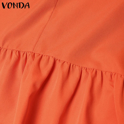 Plus Size VONDA Women Bohemian Dress 2025 Summer Sundress Solid Color Casual Short Sleeve Party Ruffled Vestidos V-Neck Robe