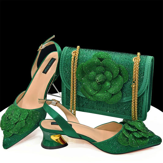 Shoes for Women Pointed-Toe Large Flower Decoration Rhinestone Low Heel Italian Design Black Color Shoes and Bags Set
