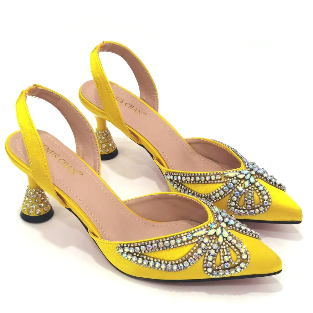 Venus Chan 2023 Yellow Classy Bowknot Pointed Toe Women's Shoes High Heel Elegant Sandals Shallow Mouth Shoes Bag Set Women