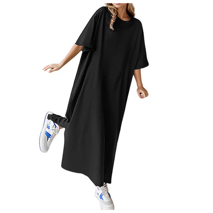 Summer Solid Color T Shirt Dress Casual Short Sleeved Loose Dresses Round Neck Slit Maxi Dress For Women Elegant Vestidos 2024