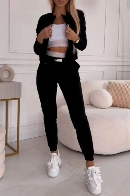 Sporty Casual Long Sleeve Zipper Solid Jacket 3 Pieces Set Women Autumn Workout Skinny Tank Tops Coat + Pants Matching Set Mujer