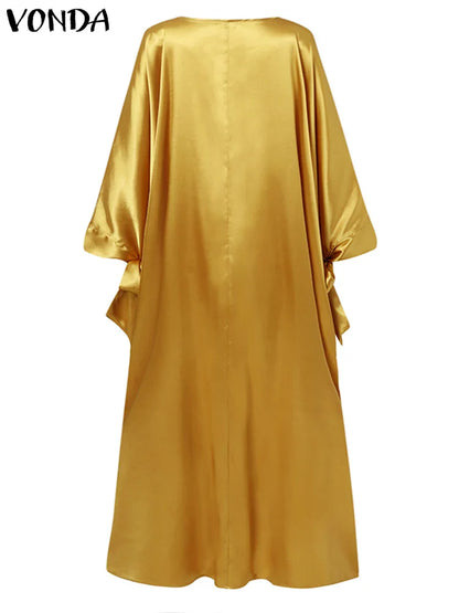 VONDA Elegant Floral Kaftan Maxi Dress – Loose Fit Satin Robe for Women