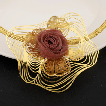 Women Gold Color Jewelry Set Braided Red Rose Design Large Pendant Unique Earrings Dubai Arab Fashion Ring Bracelet Party Gift