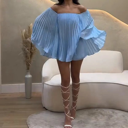 Women's Sexy One Shoulder Pleated Chiffon Long Sleeve Shorts 2 Piece Fashion Loose Shawl Sleeves Elegant Female Beach Shorts Set