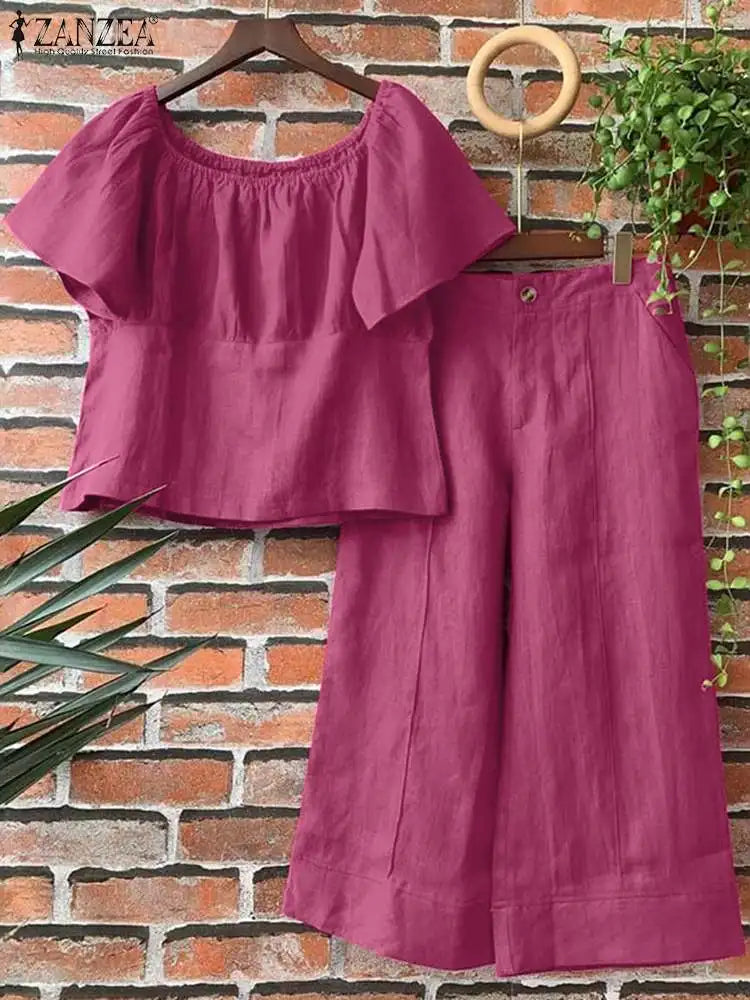 Summer Women Matching Sets ZANZEA 2PCS Elegant Short Sleeve Blouse Wide Leg Pants Fasahion OL Work Pant Sets Holiday Tracksuits
