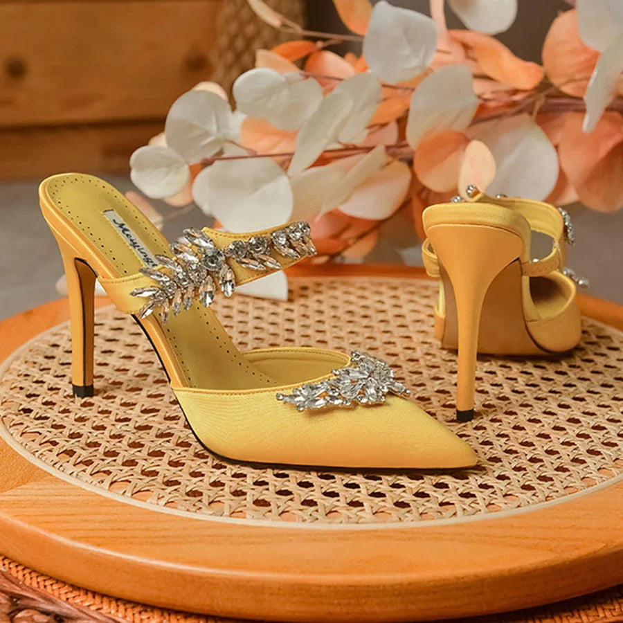 Women's High HeelsTemperament Baotou Silk Wheat Ear Rhinestones Muller Semi-Trailer Pump Pointed Stiletto Sandals