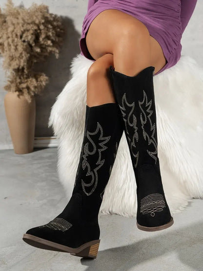 Women Chelsea Cowboy Knee High Boots for Women Mid Heels Walking Shoes Winter Fashion Zipper Chunky Boots Pumps Punk High Botas