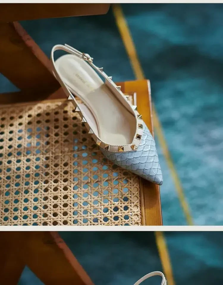 Women Sandals Rivets Pointed Toe Slingbacks Patent Leather Mid Heels Pumps Blue Snakeskin Pattern Slip on Sandalias Mujer