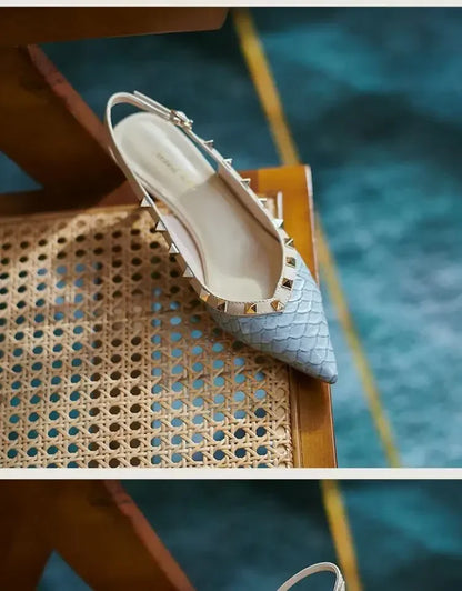 Women Sandals Rivets Pointed Toe Slingbacks Patent Leather Mid Heels Pumps Blue Snakeskin Pattern Slip on Sandalias Mujer