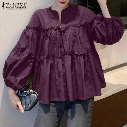 ZANZEA Fashion Women Long Puff Sleeve Blouse Autumn Spring Eelgant Shirt Ruffles Blusas Femininas Mujer Party Work Tops Tunic